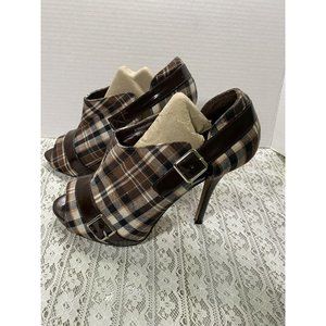 Womens Brown Plaid Peep Toe High Heel Shoes Sz 8